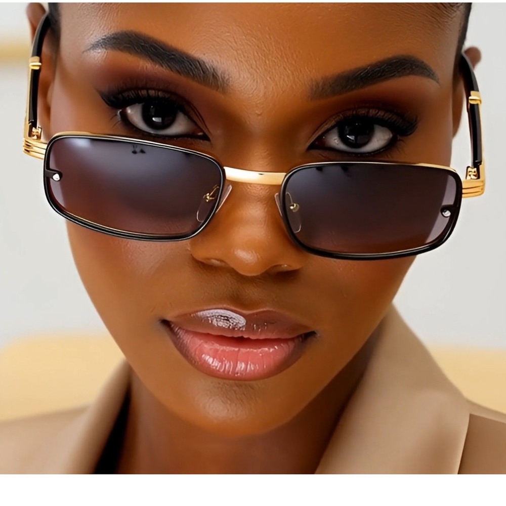 Rimless‎ Sunglasses Rectangle Gold Wood Arms WomenFashion Dark Black Lens Lentes